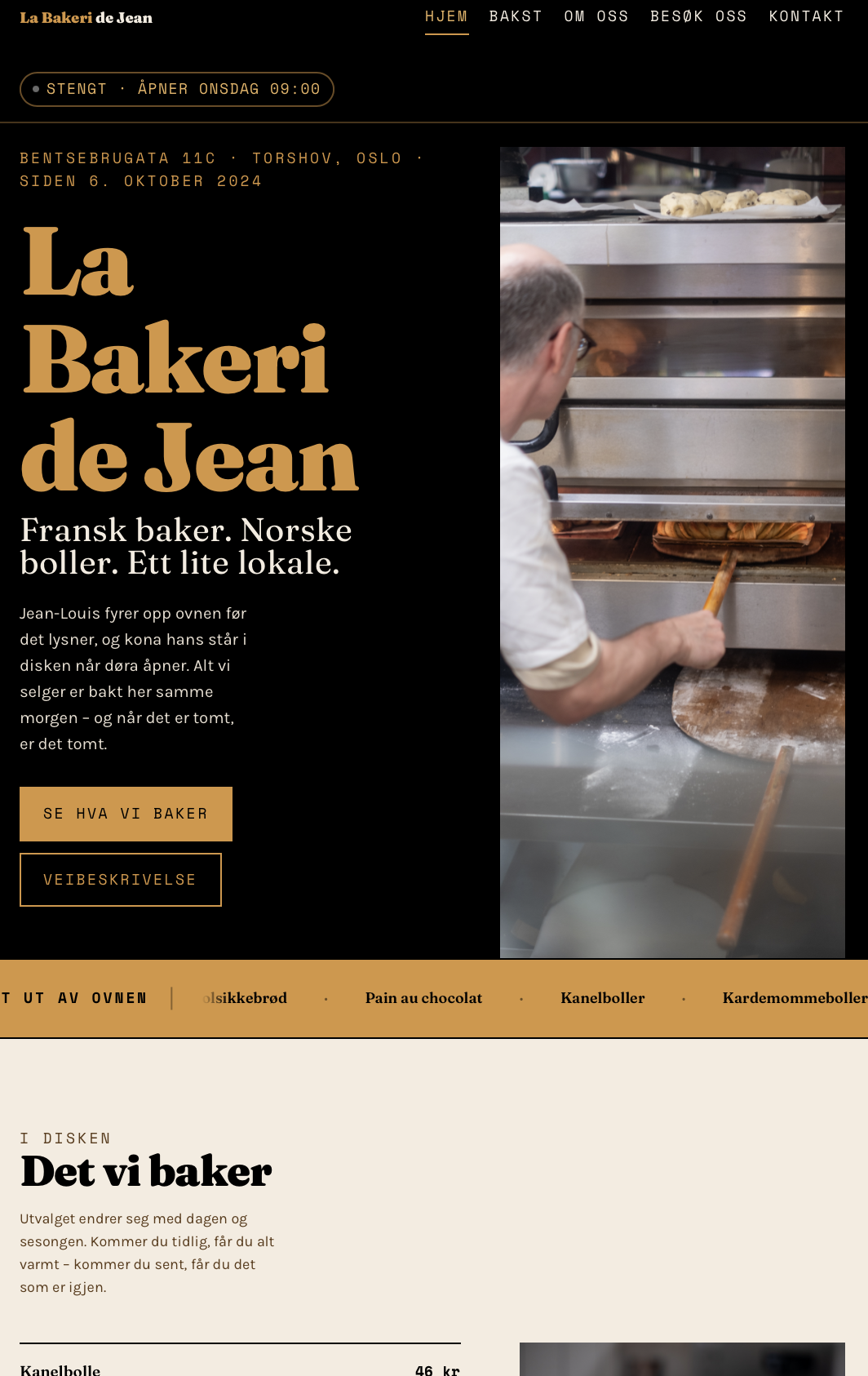 La Bakeri de Jean website homepage, showing the baker at the oven