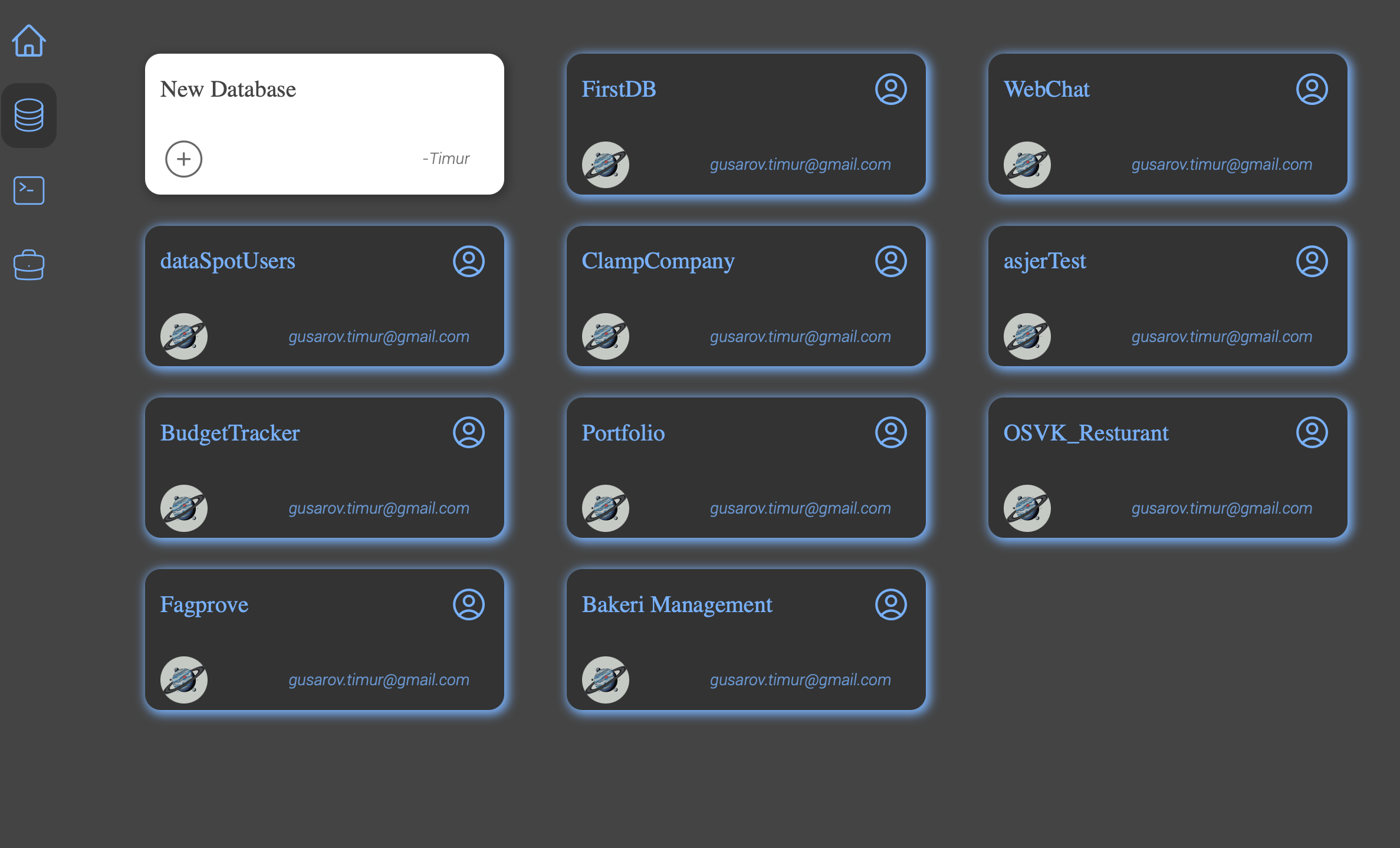 DataSpot dashboard showing a grid of managed databases